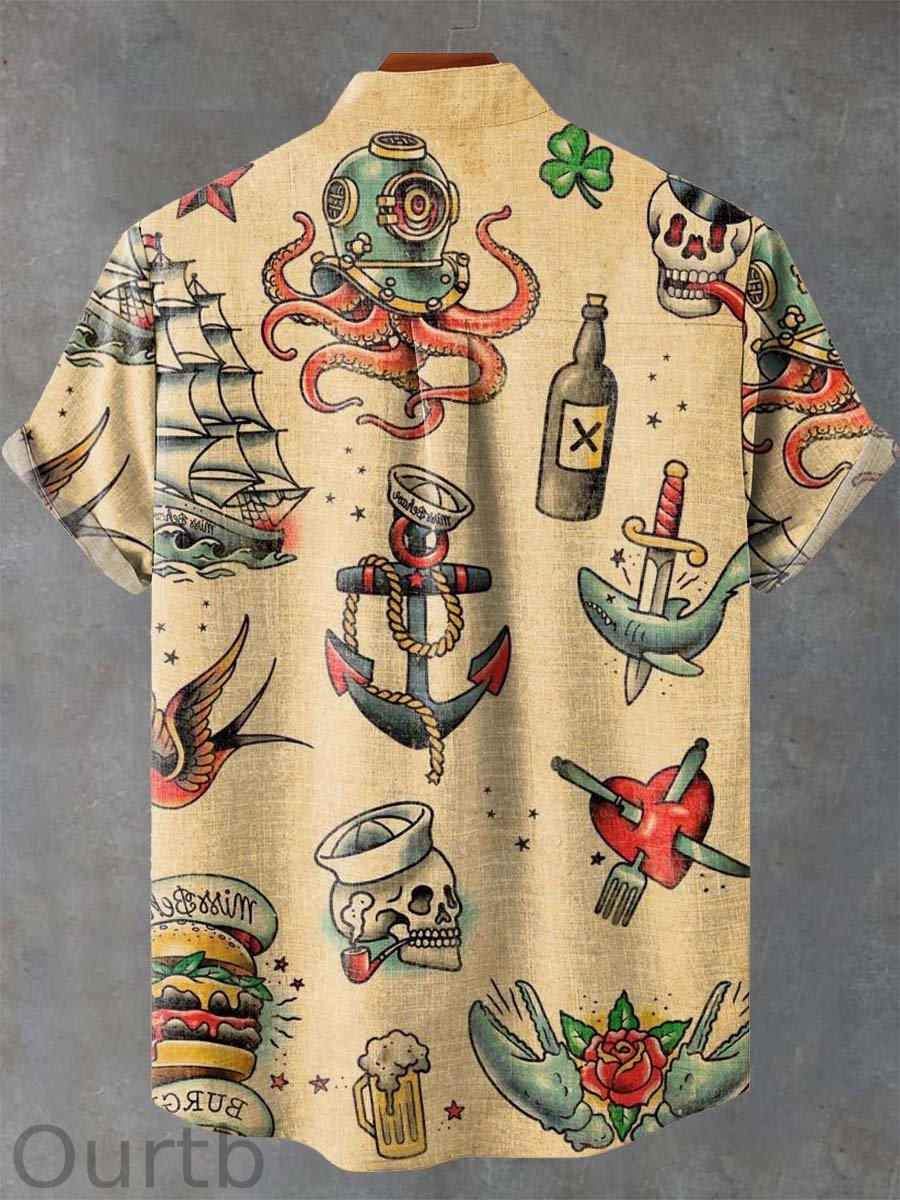 Skeleton Ocean Art Print Casual 100% Cotton Shirt