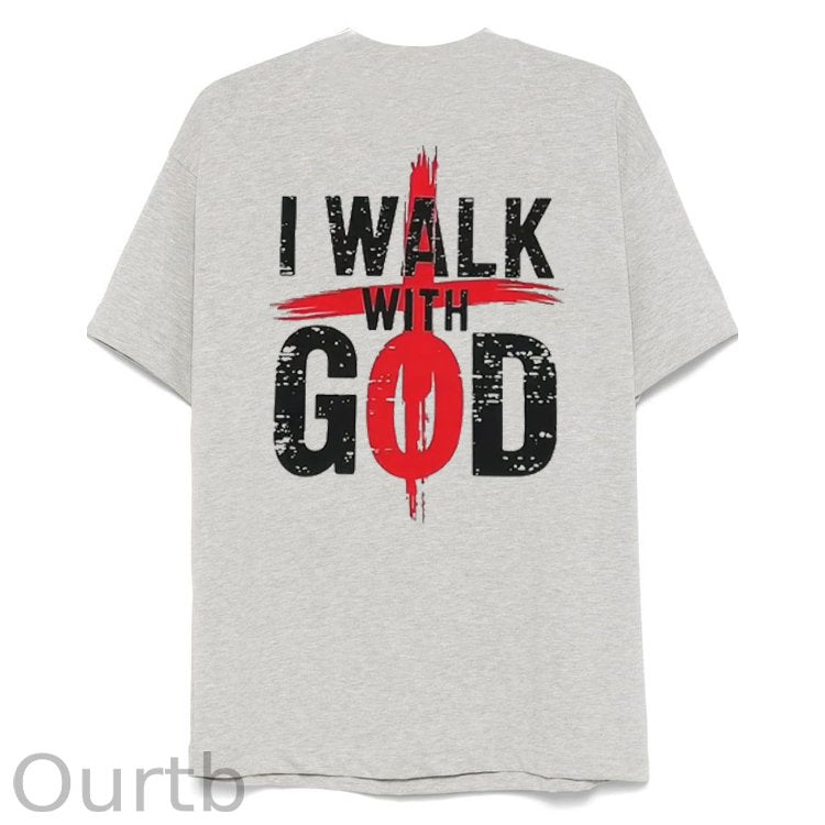 I Walk With God Pattern Printing Print Crew Neck T-Shirt