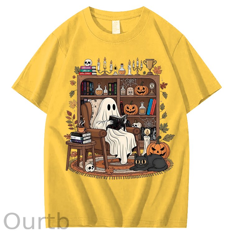 Retro Cozy Ghost Reading Halloween 100% Cotton T-Shirt