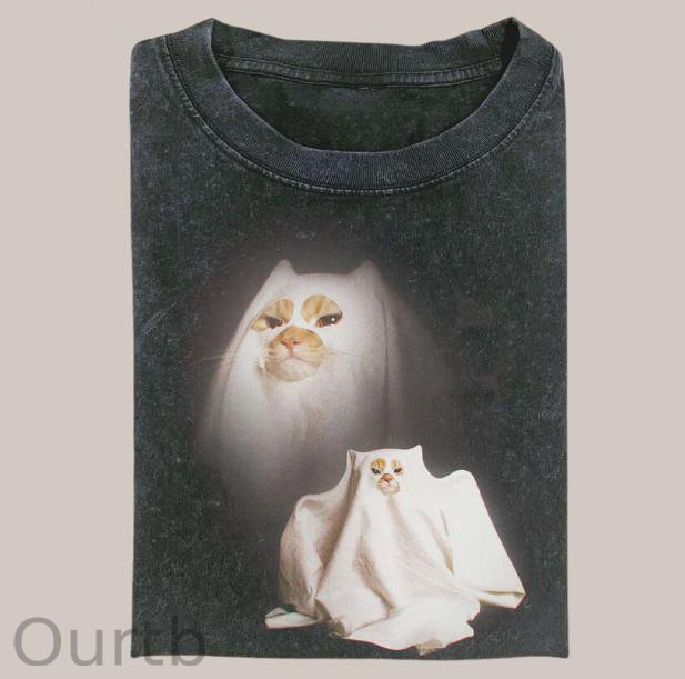 Retro Funny Vintage Ghost Kitten Cat Meme 100% Cotton T-Shirt