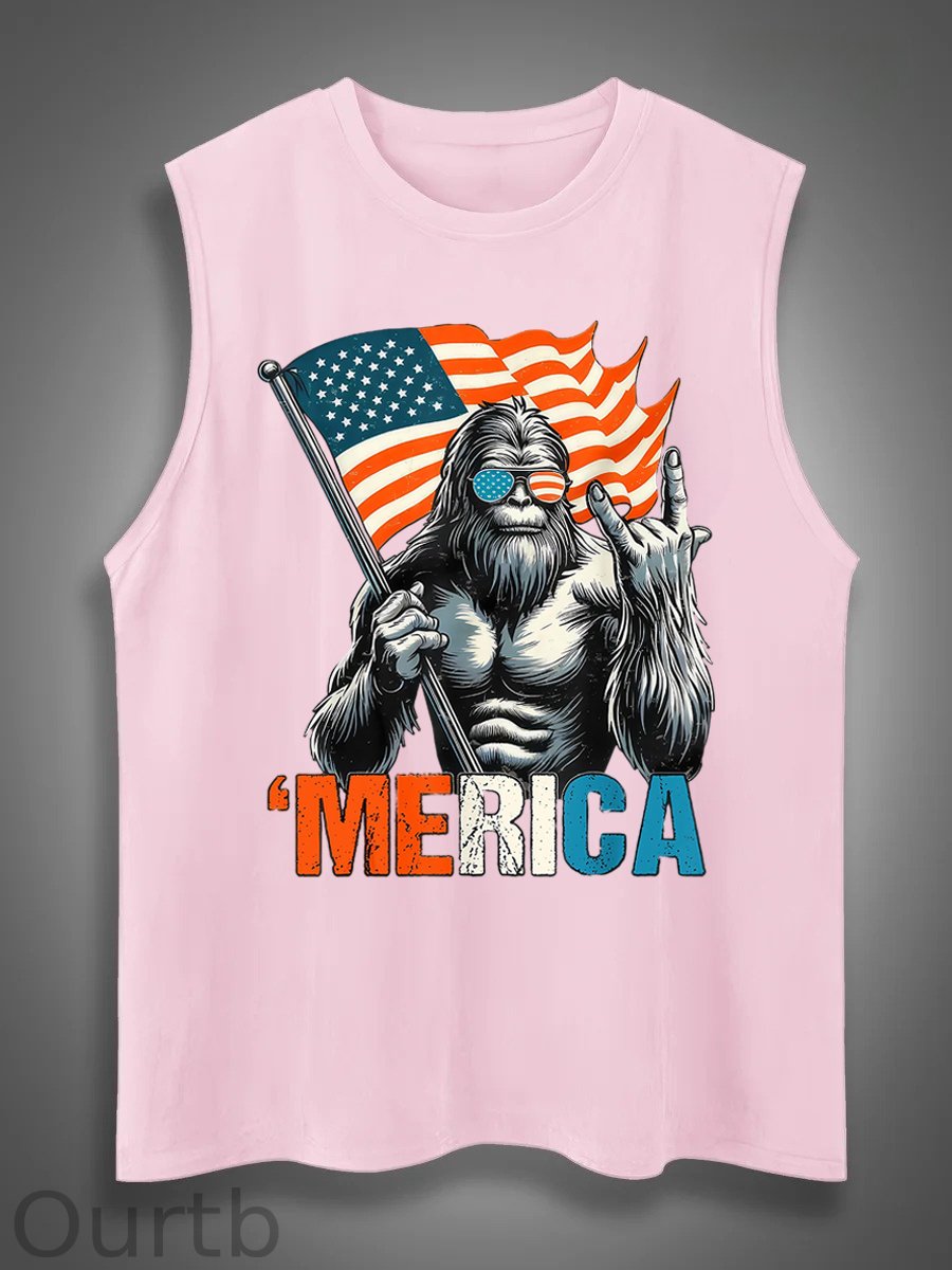 Merica Bigfoot Print Cotton Sleeveless Tank Tops