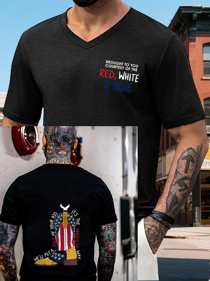 Red White &Blue Pattern Print 100%Cotton V Neck T-Shirt