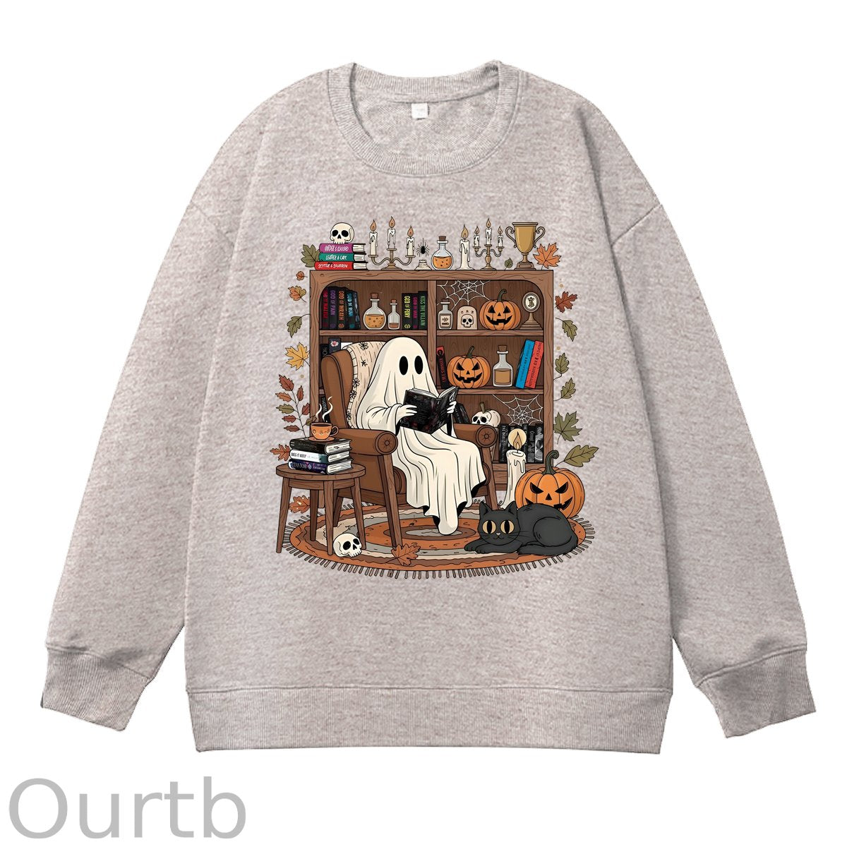 Retro Cozy Ghost Reading Halloween 100% Cotton Fall and Winter Sweatshirt