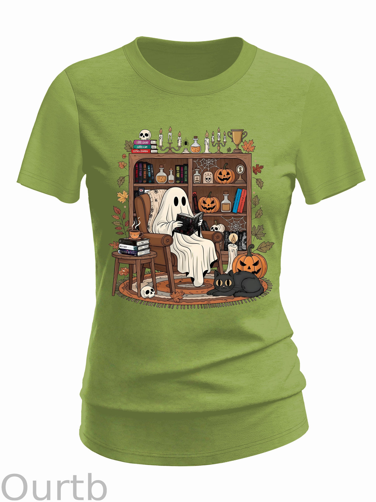 Women's Retro Cozy Ghost Reading Halloween 100% Cotton T-Shirt