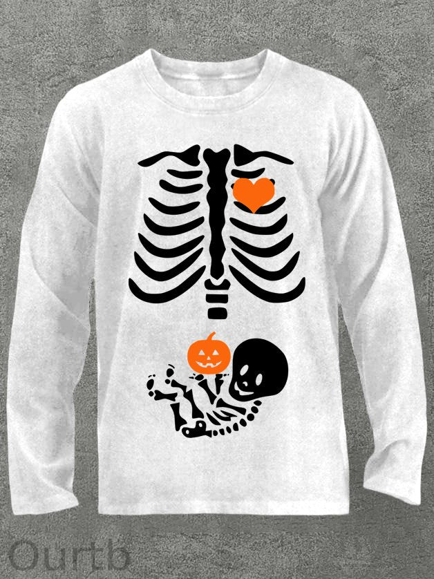 Skeleton Halloween Maternity Pregnancy Announcement Fall Mom Cotton Long Sleeve T-Shirt
