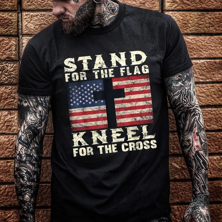 Stand For The Flag Kneel For The Cross Pattern Print 100%Cotton T-Shirt