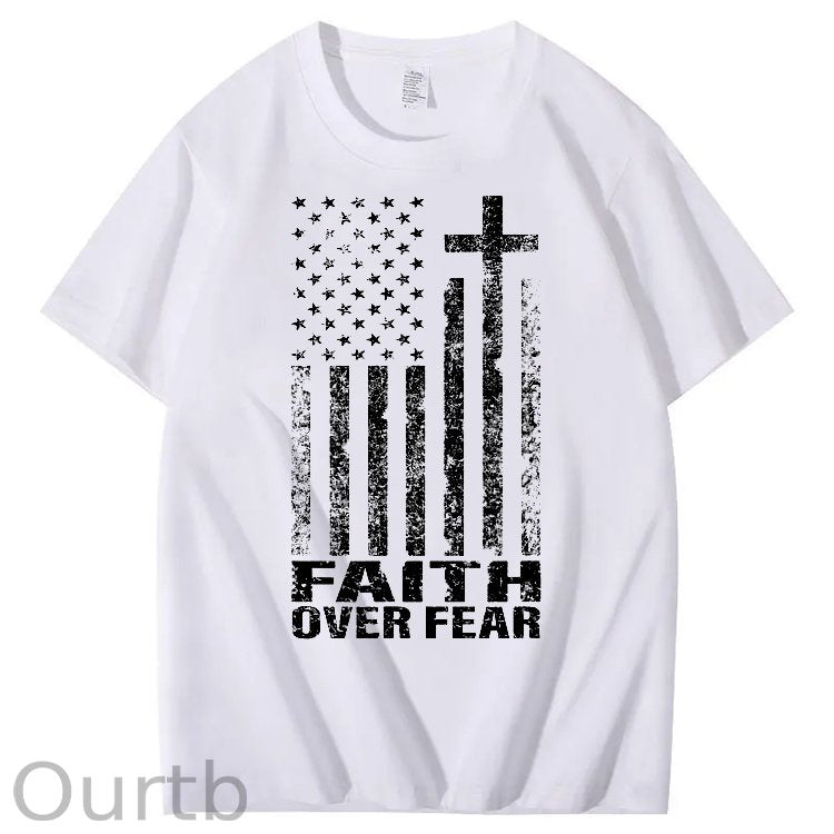 Faith Over Fear Amercian Flag Pattern Printing Print Crew Neck T-Shirt