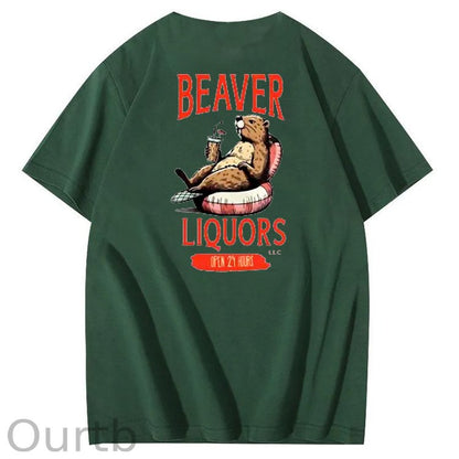 Beaver Pattern Print Crew Neck T-Shirt
