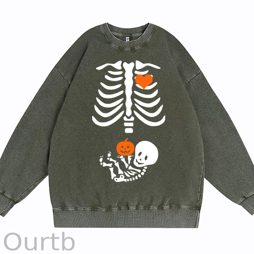 Skeleton Halloween Maternity Pregnancy Announcement Fall Mom Cotton Washed Long Sleeve Sweatshirt/Shirt
