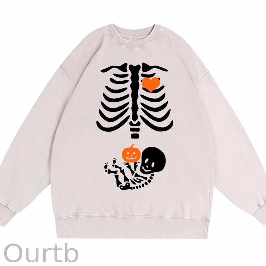 Skeleton Halloween Maternity Pregnancy Announcement Fall Mom Cotton Washed Long Sleeve Sweatshirt/Shirt