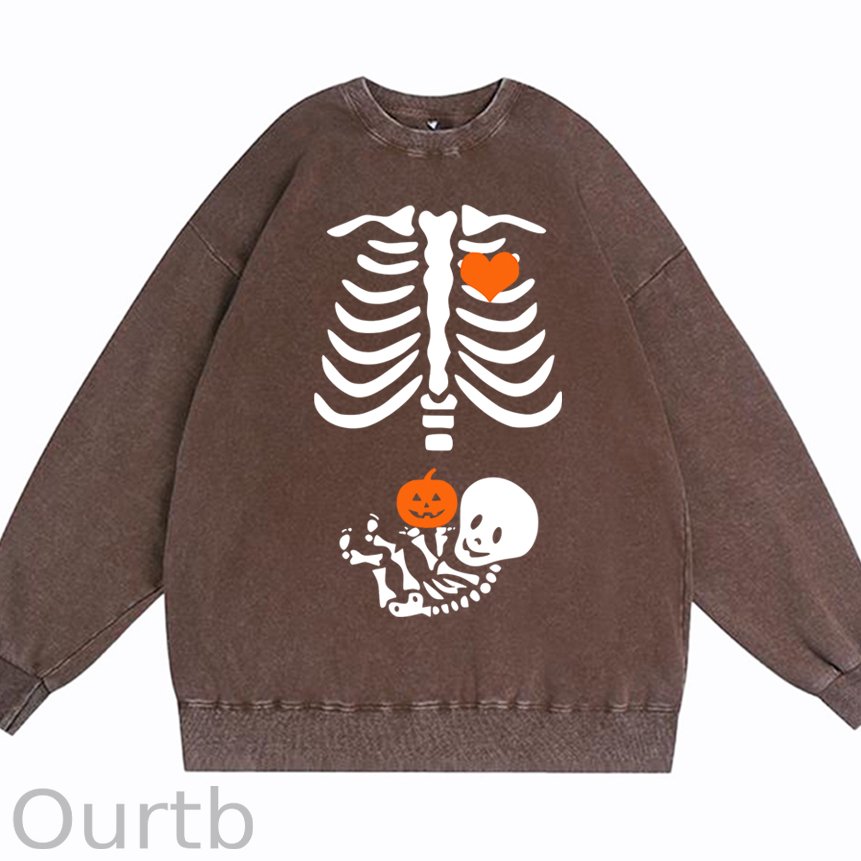 Skeleton Halloween Maternity Pregnancy Announcement Fall Mom Cotton Washed Long Sleeve Sweatshirt/Shirt