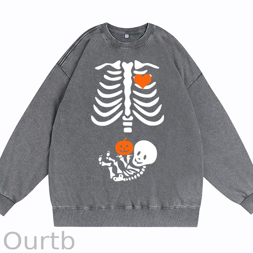 Skeleton Halloween Maternity Pregnancy Announcement Fall Mom Cotton Washed Long Sleeve Sweatshirt/Shirt