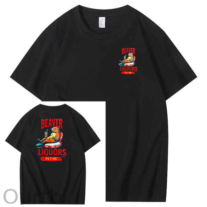 Beaver Pattern Print Crew Neck T-Shirt