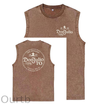 70th Anniversary Pattern Sleeveless Cotton Washed Printed Loose Vest