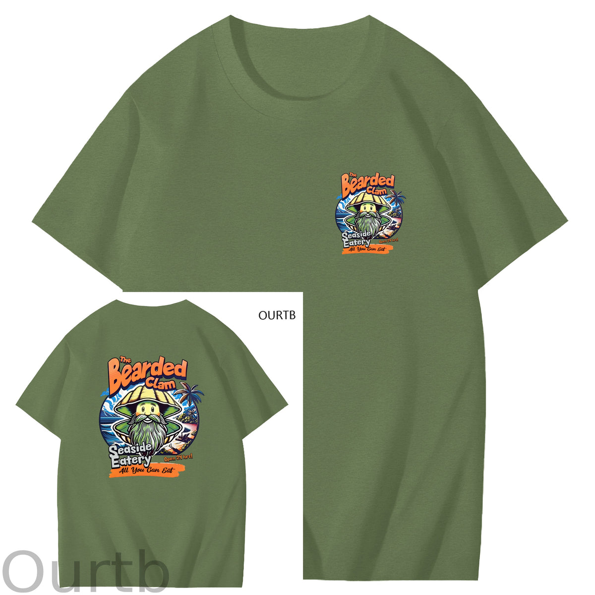 Bearded Calm Seaside Eatery Art Pattern Print T-Shirt