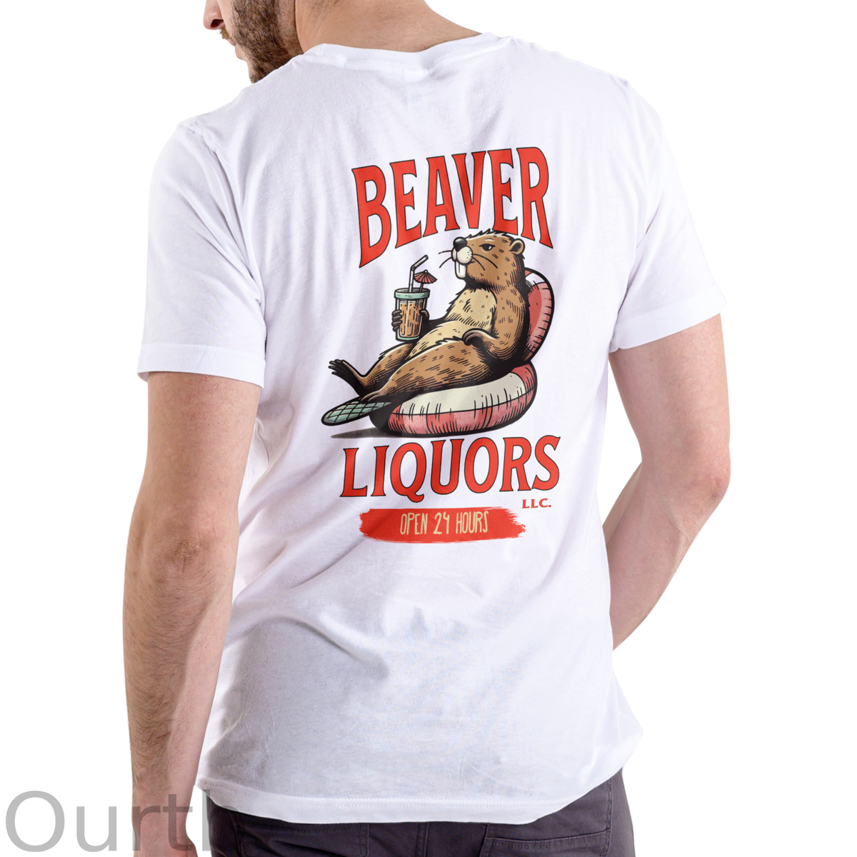 Beaver Pattern Print Crew Neck T-Shirt