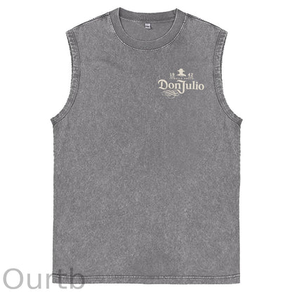 70th Anniversary Pattern Sleeveless Cotton Washed Printed Loose Vest