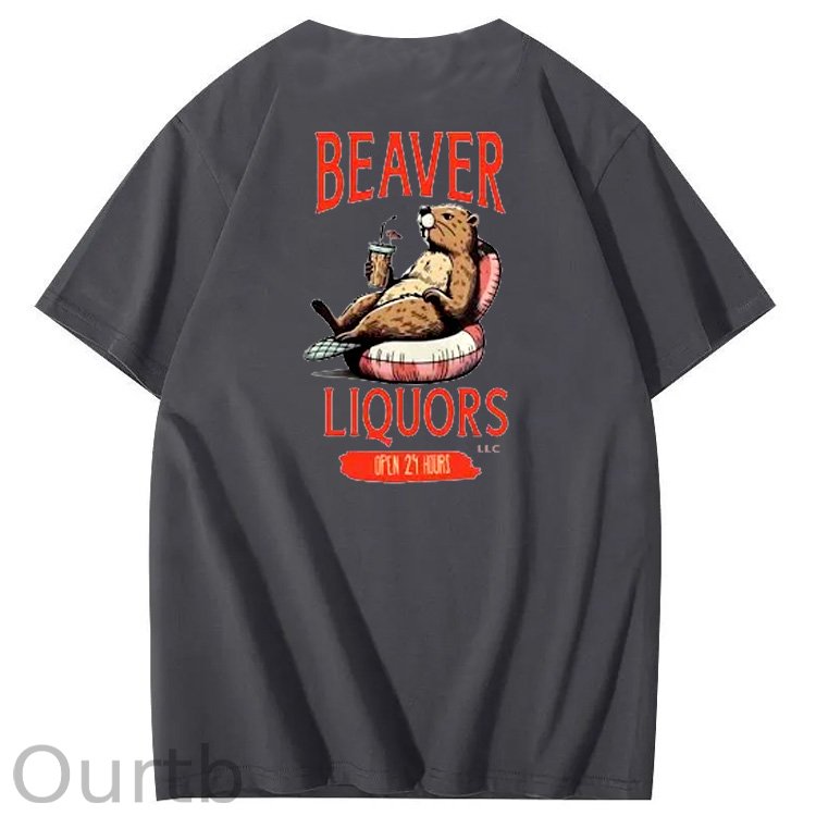 Beaver Pattern Print Crew Neck T-Shirt
