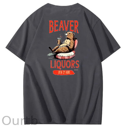 Beaver Pattern Print Crew Neck T-Shirt