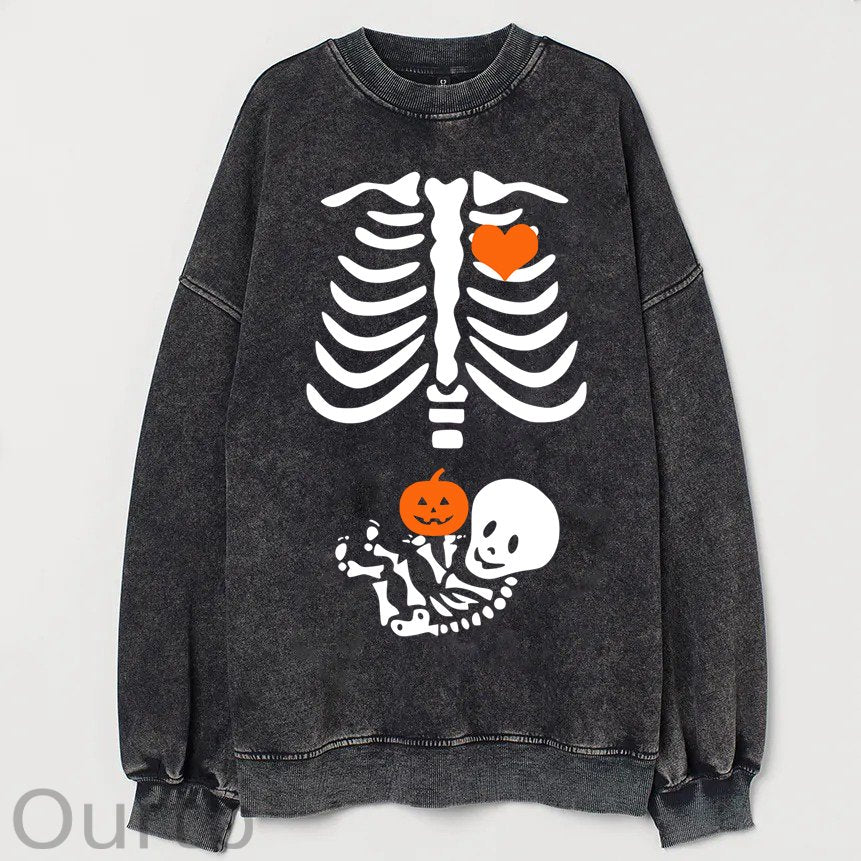 Skeleton Halloween Maternity Pregnancy Announcement Fall Mom Cotton Washed Long Sleeve Sweatshirt/Shirt