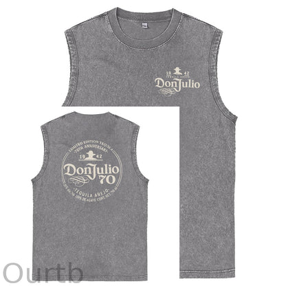 70th Anniversary Pattern Sleeveless Cotton Washed Printed Loose Vest