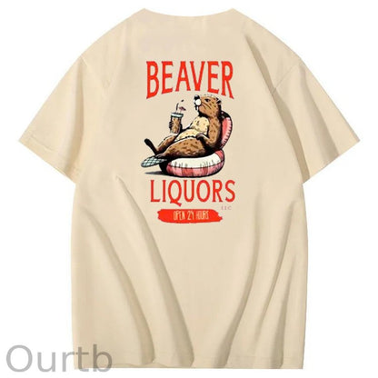 Beaver Pattern Print Crew Neck T-Shirt