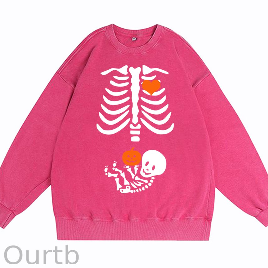 Skeleton Halloween Maternity Pregnancy Announcement Fall Mom Cotton Washed Long Sleeve Sweatshirt/Shirt