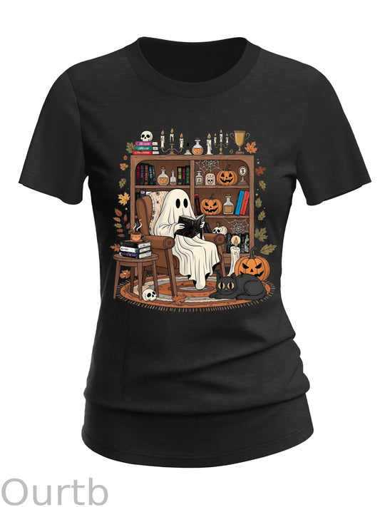 Women's Retro Cozy Ghost Reading Halloween 100% Cotton T-Shirt