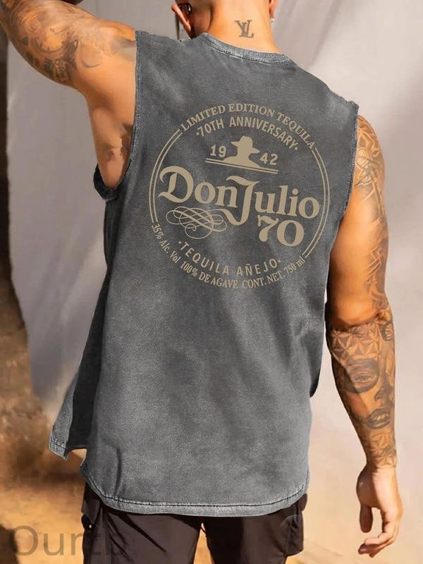 70th Anniversary Pattern Sleeveless Cotton Washed Printed Loose Vest